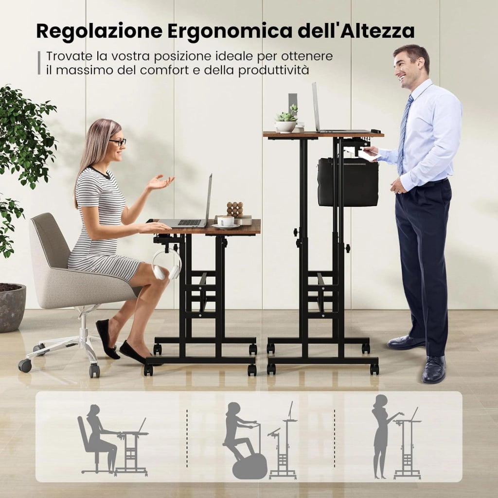 Scrivania per Computer Regolabile in Altezza, Postazione di Lavoro per Computer con Ruote e Ganci, Tavolo Porta PC per Studio e Ufficio, 60 x 60 x 72-124 cm (Marrone)