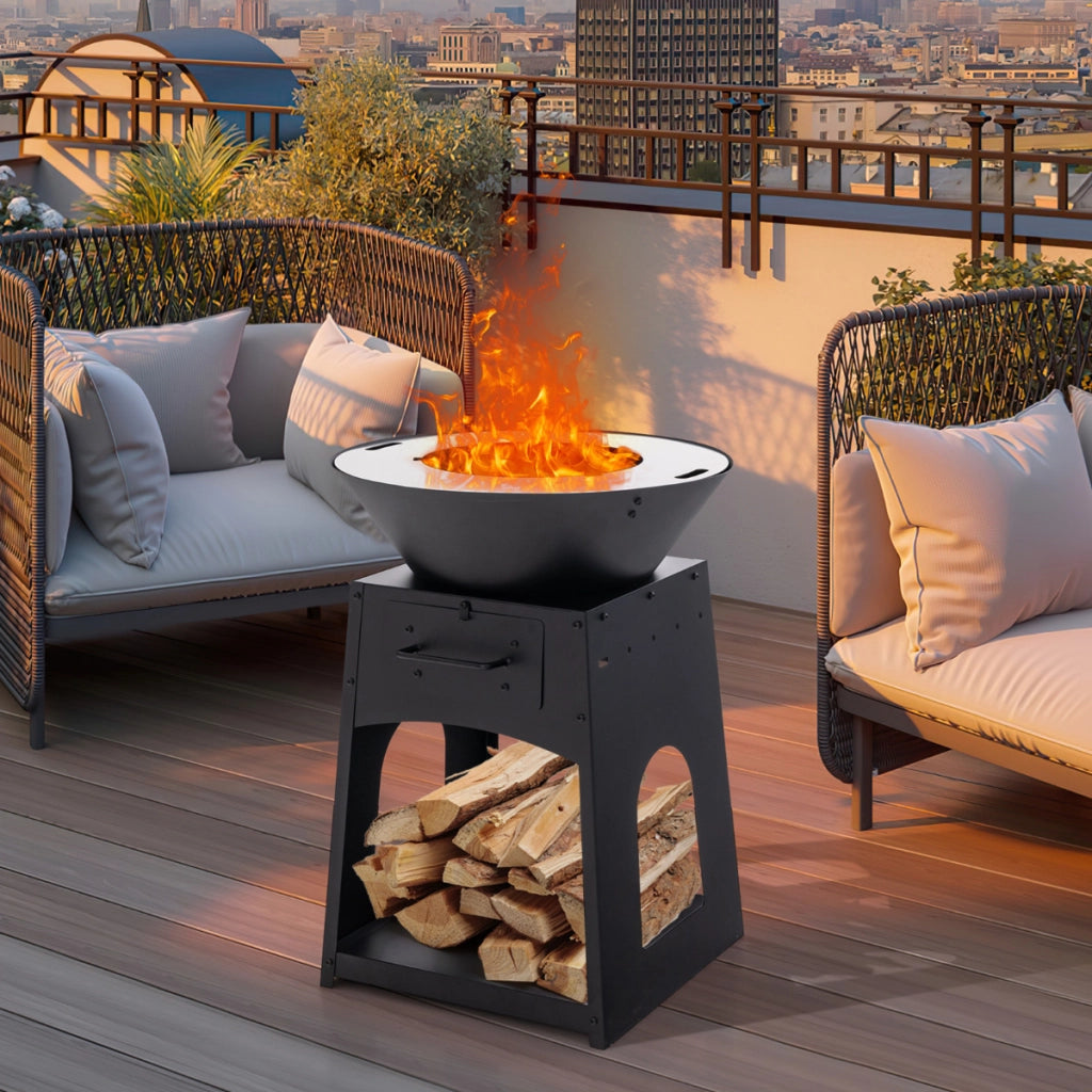 Focolare da esterno con contenitore grill cassetto di cenere e scomparto inferiore, Caminetto a legna da giardino Nero-Bracieri da esterno