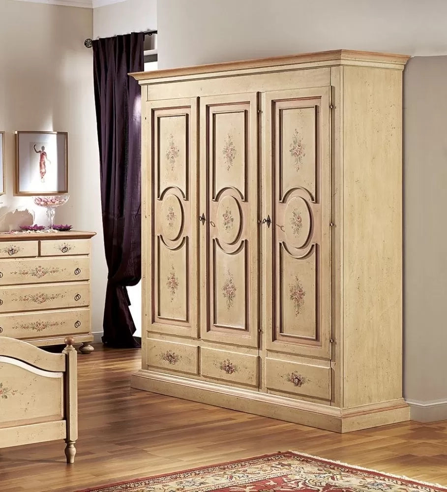 Armadio 3 porte arte povera in legno shabby avorio anticato filo rosa 184x60x217 (1434) - Mobili 2G
