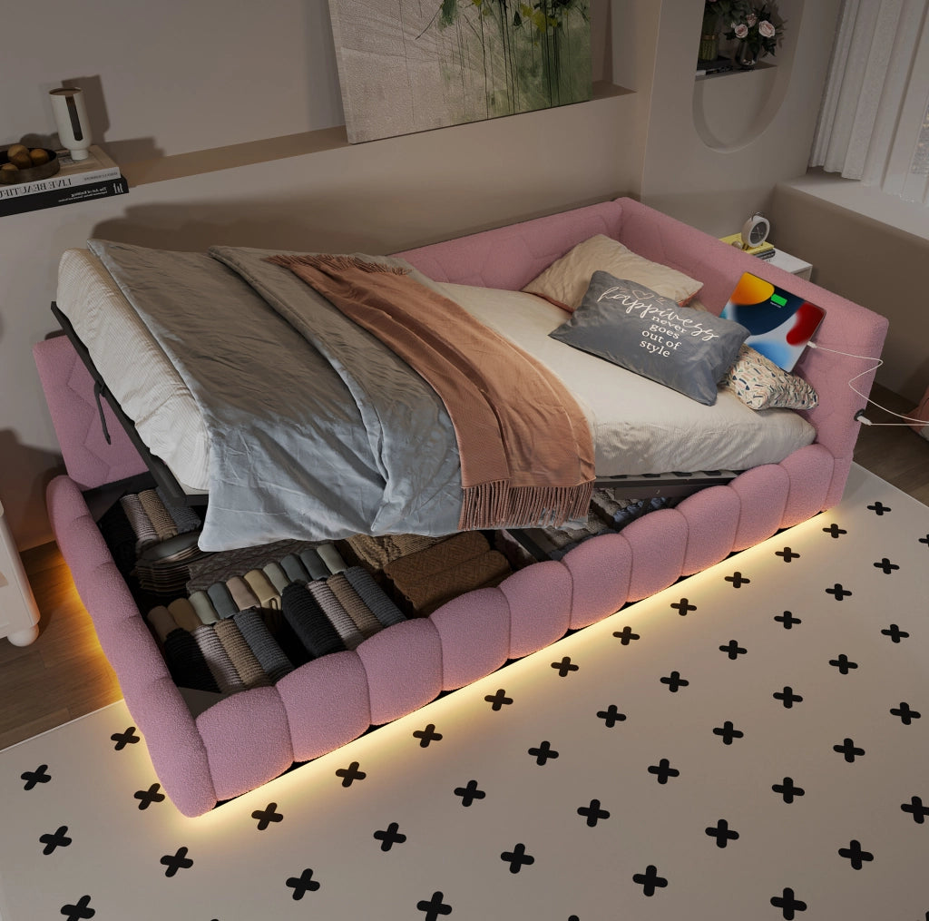 Letto 90x200 cm con contenitore; LED e USB Tipo-C rosa