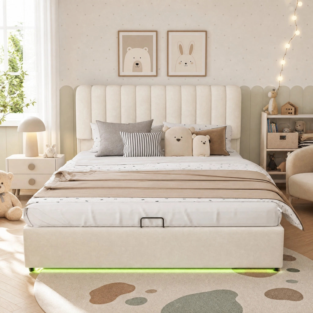 Letto con Cassetti 140x200 cm con Contenitore; 3 Cassetti e LED - in Velluto - Beige