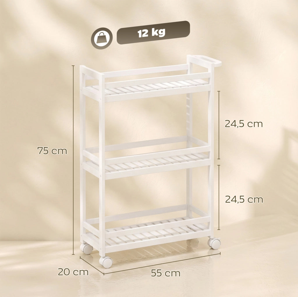 CARRELLO da Cucina a 3 Ripiani 55x20x75 cm Bambù Bianco