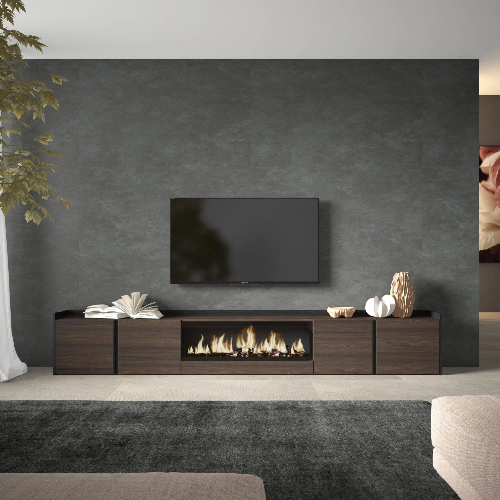 Mobile TV Soggiorno, 315x50x35 cm, Per TV fino a 80", Camino elettrico XXL, Rovere scuro e Nero