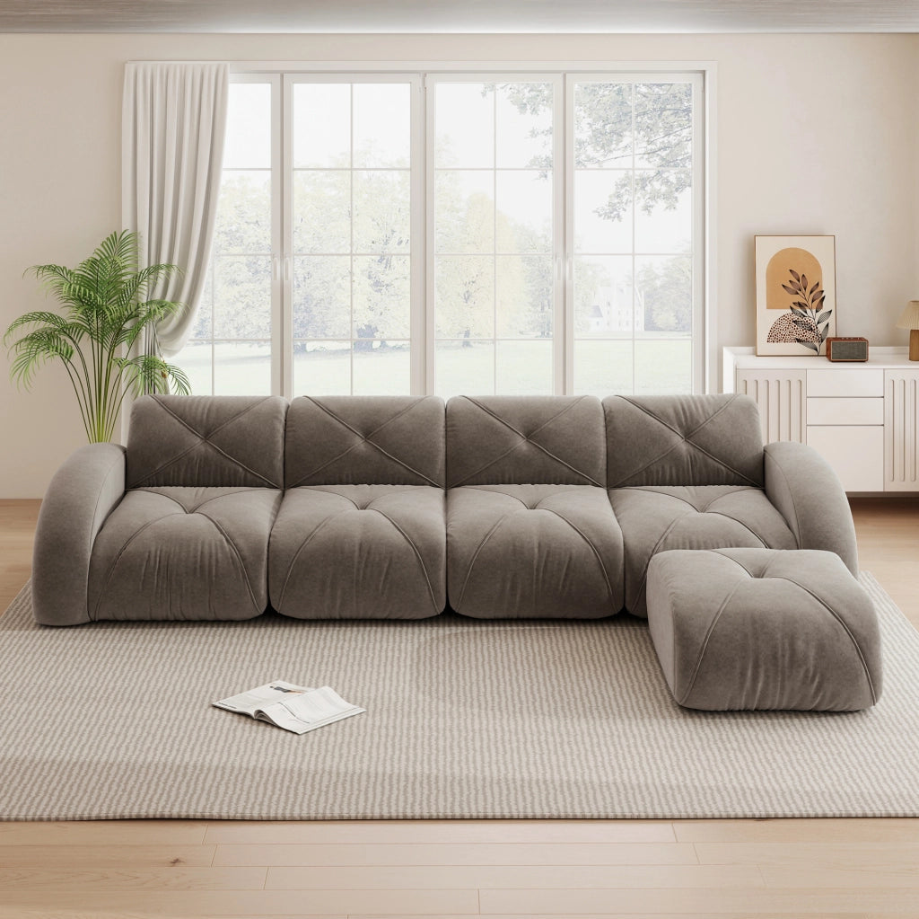 Divano modulare angolare in chenille taupe; 4 posti con pouf; senza montaggio