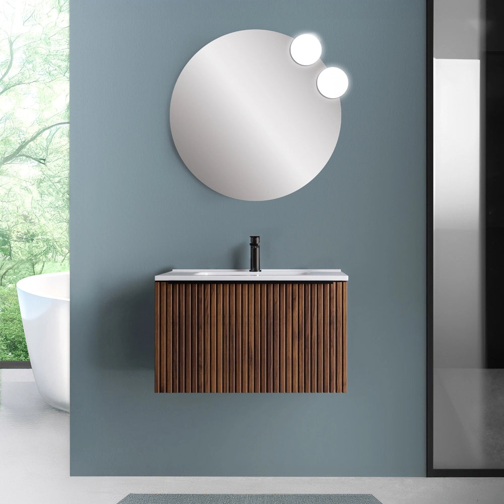 Mobile bagno sospeso 70 cm Noce Maya cannettato con cassetto lavabo Nara