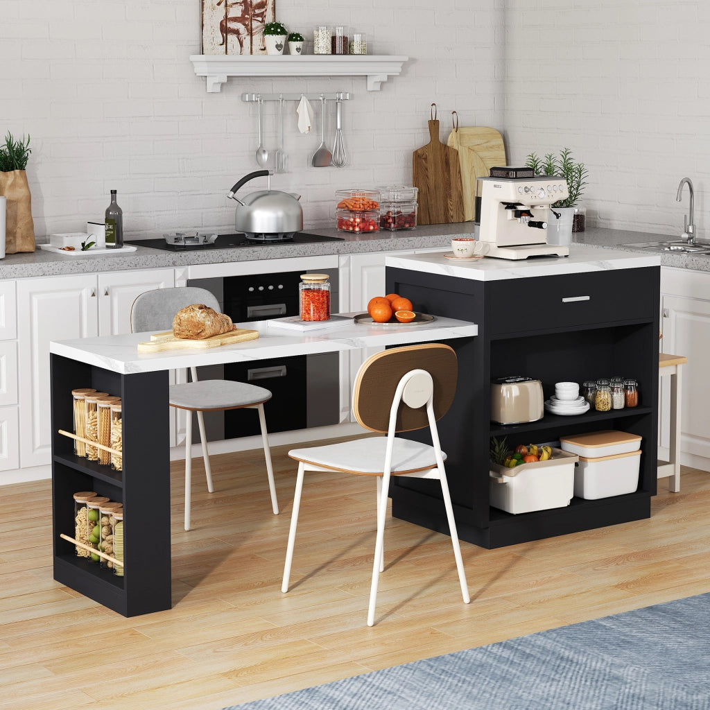 Isola cucina con tavolo allungabile per 2-6 persone, presa integrata, 2 cassetti e vani aperti, nero