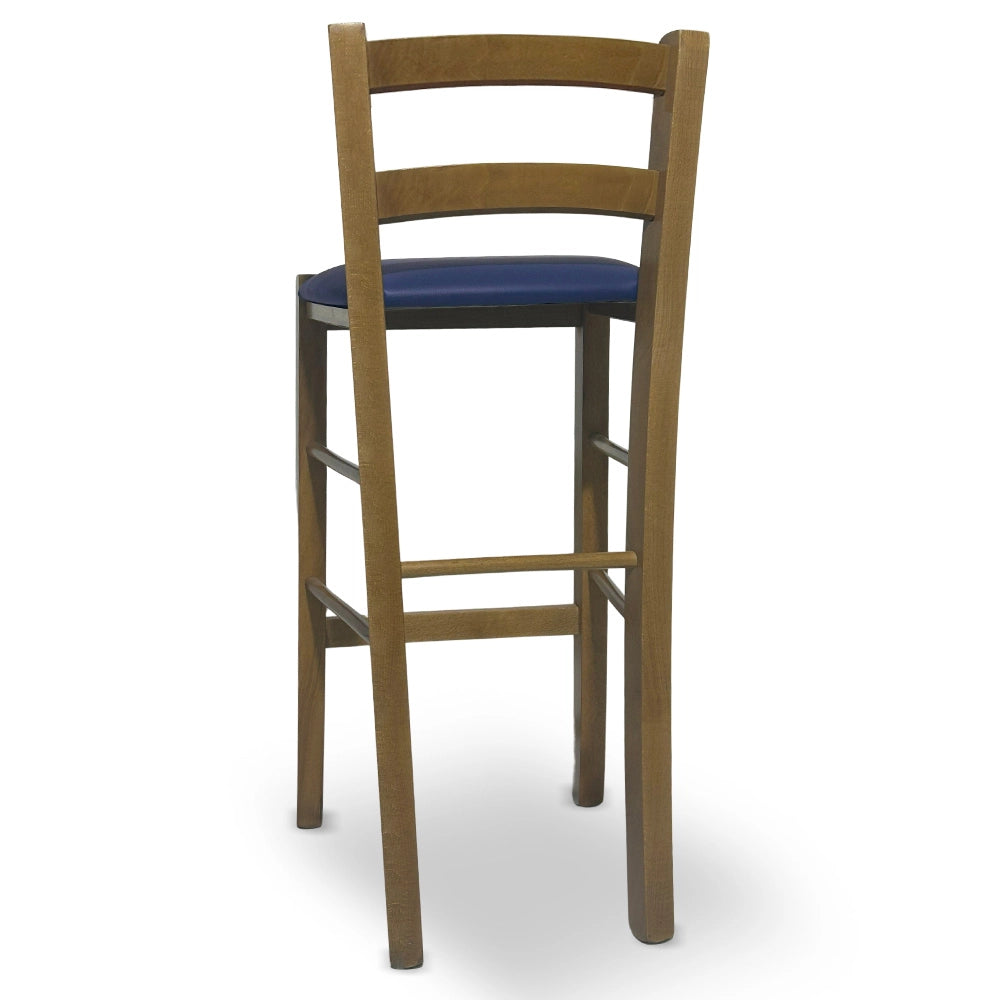Sgabello in legno noce chiaro con schienale h 66 cm con seduta in similpelle blu