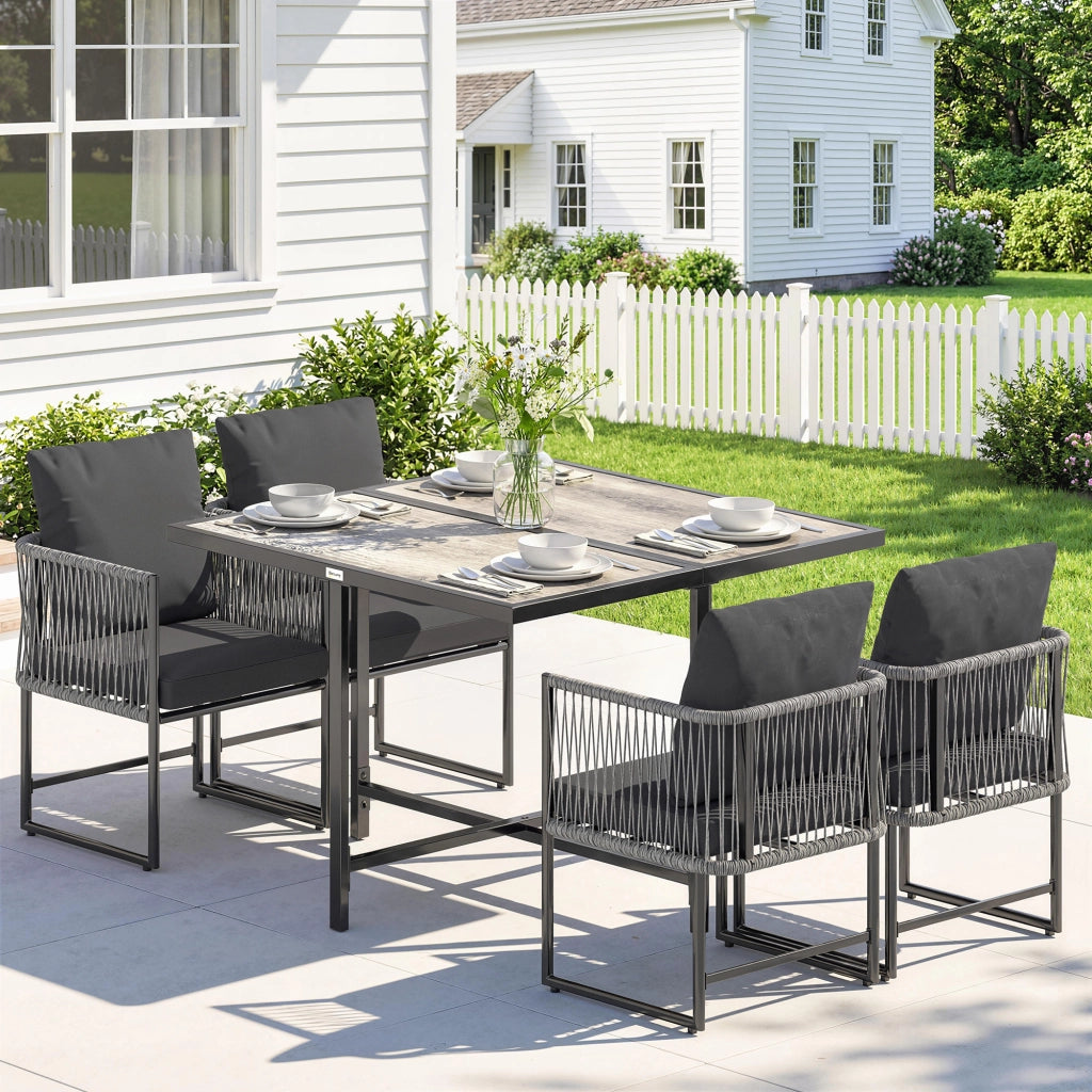 Set di mobili da giardino in polirattan a 5 pezzi; tavolo e 4 sedie; piano DPC; cuscini grigi; risparmio spazio