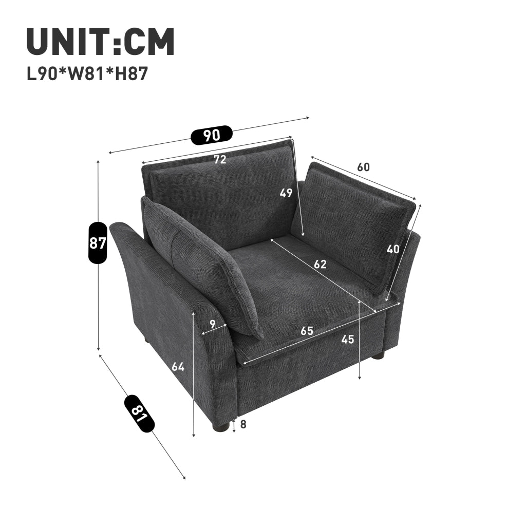 Poltrona da lettura 90x81x87 cm in ciniglia con braccioli e 2 cuscini; grigia