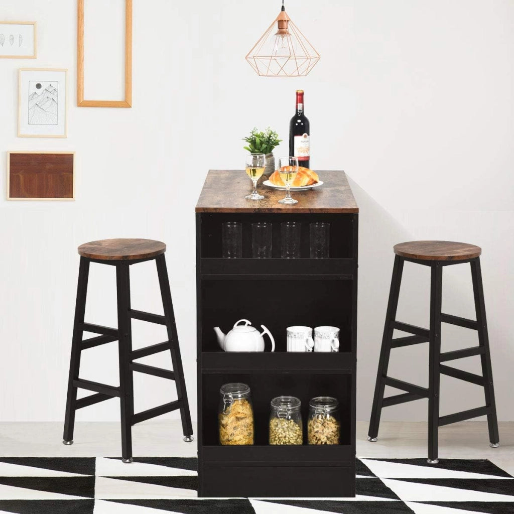 Set Tavolo e 2 Sgabelli, Set Mobili da Bar, 3 Pezzi Set da Pranzo, in Stile Industriale, Tavolo con 3 Ripiani di Stoccaggio, Sgabello con Poggiapiedi di Diverse Altezze, Struttura Metallica