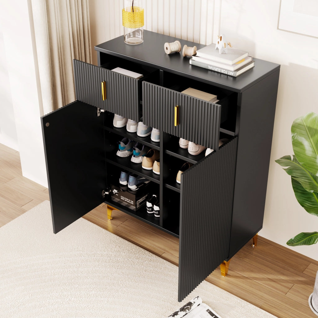 Credenza con 2 Ante e 2 Cassetti; Ripiani Regolabili e Push-to-open; Stile Moderno; in Pannello Truciolare; 83×35×101 cm; Nero
