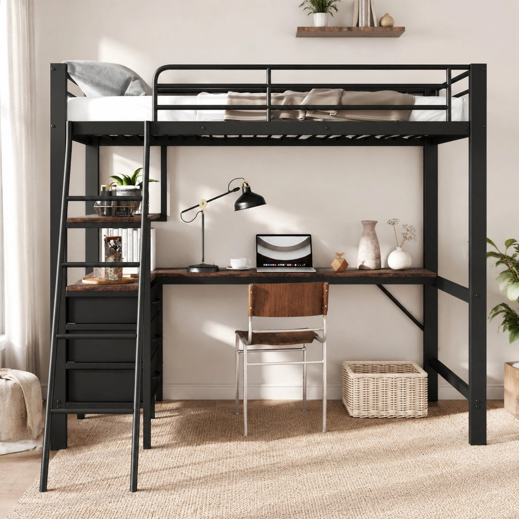 Letto a soppalco 90x200 cm con scrivania e 3 cassetti