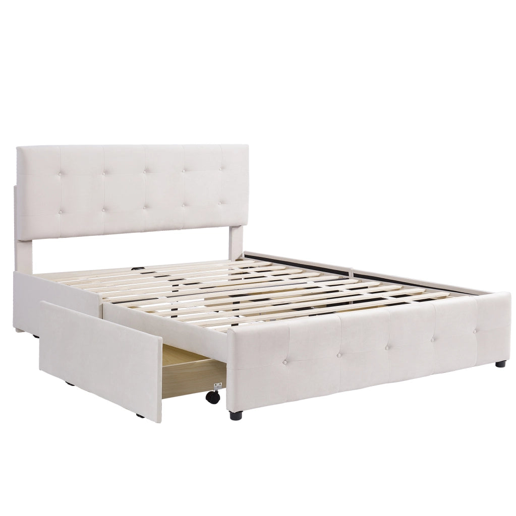 Letto imbottito 140x200 cm con 4 cassetti; struttura in acciaio; beige