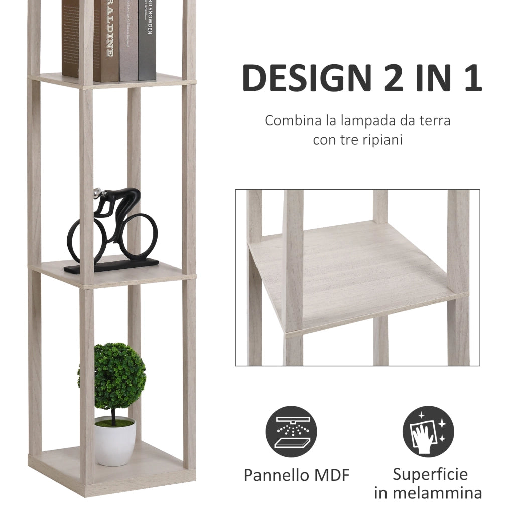 Lampada a Terra 40W con 3 Mensole Integrate e Interruttore a Pedale, Lampada Moderna in MDF e Acrilico, 26x26x160 cm, Rovere