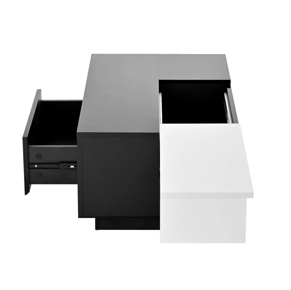 Tavolino da salotto 80x50x35.5 cm con illuminazione LED RGB; piano estraibile; MDF nero e bianco