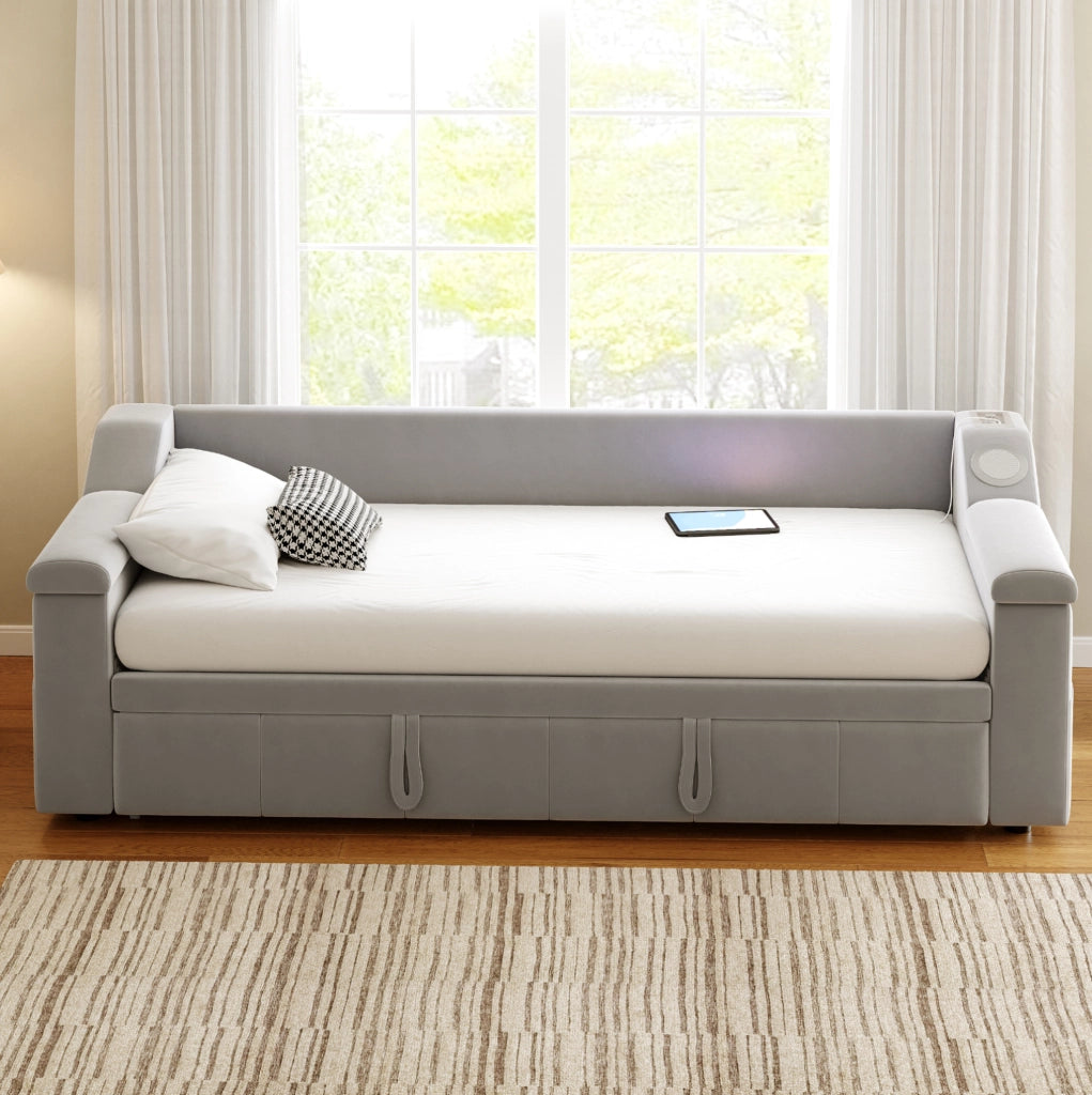 Divano letto 90x190 cm estendibile con Bluetooth; USB e vani portaoggetti in velluto grigio