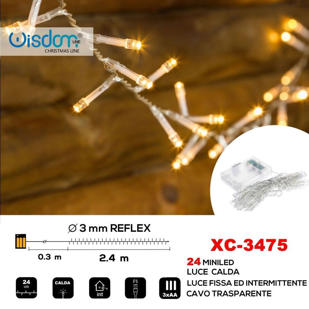 Trade Shop - Catena 24 Led A Batteria Cavo Trasparente Luce Calda Fissa+intermittente Xc-3475 -