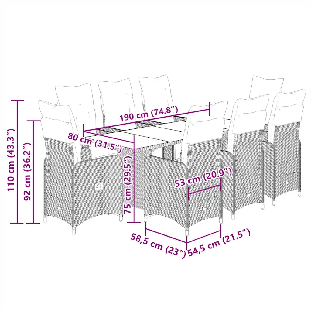 Set BistrÃ² da Giardino 9 pz con Cuscini in Polyrattan Grigio