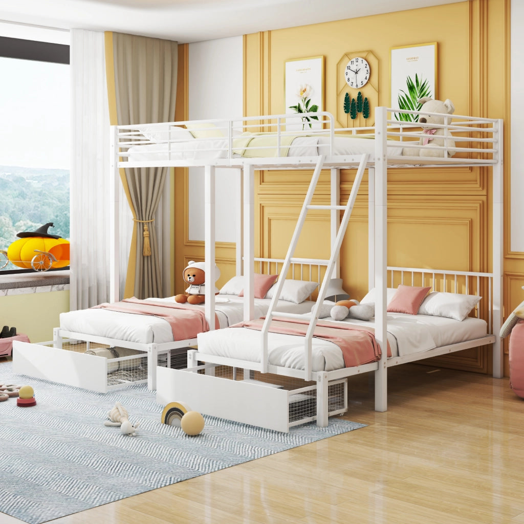 Letto a castello triplo con cassetti metallo bianco 140x200 cm