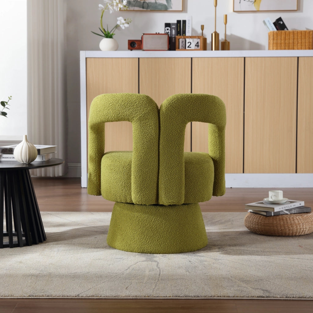 Poltrona Girevole 360° con Seduta Ampia e Cuscino Spesso; Braccioli Arrotondati; in Bouclé Verde Oliva