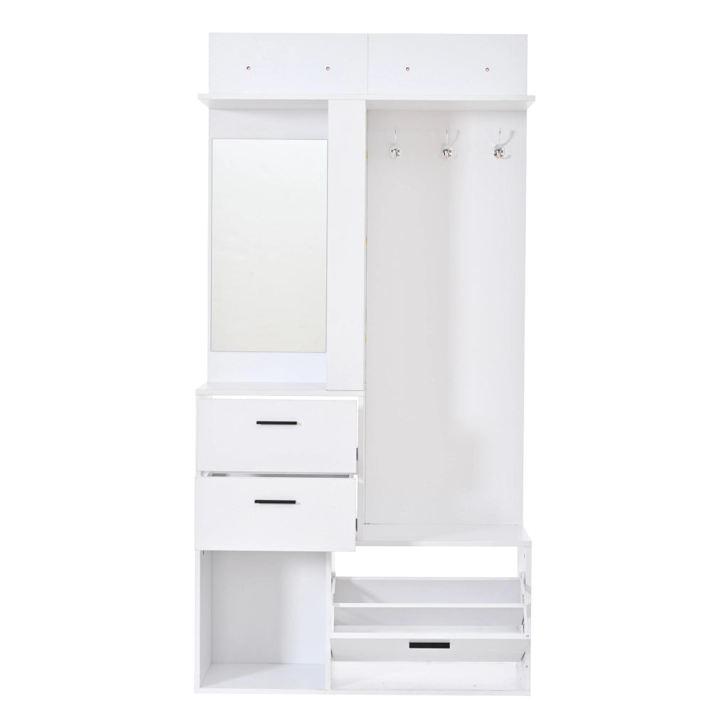 Garderobiera con specchio; 2 cassetti; 3 ganci e scarpiera ribaltabile 90x30x180 cm; bianca