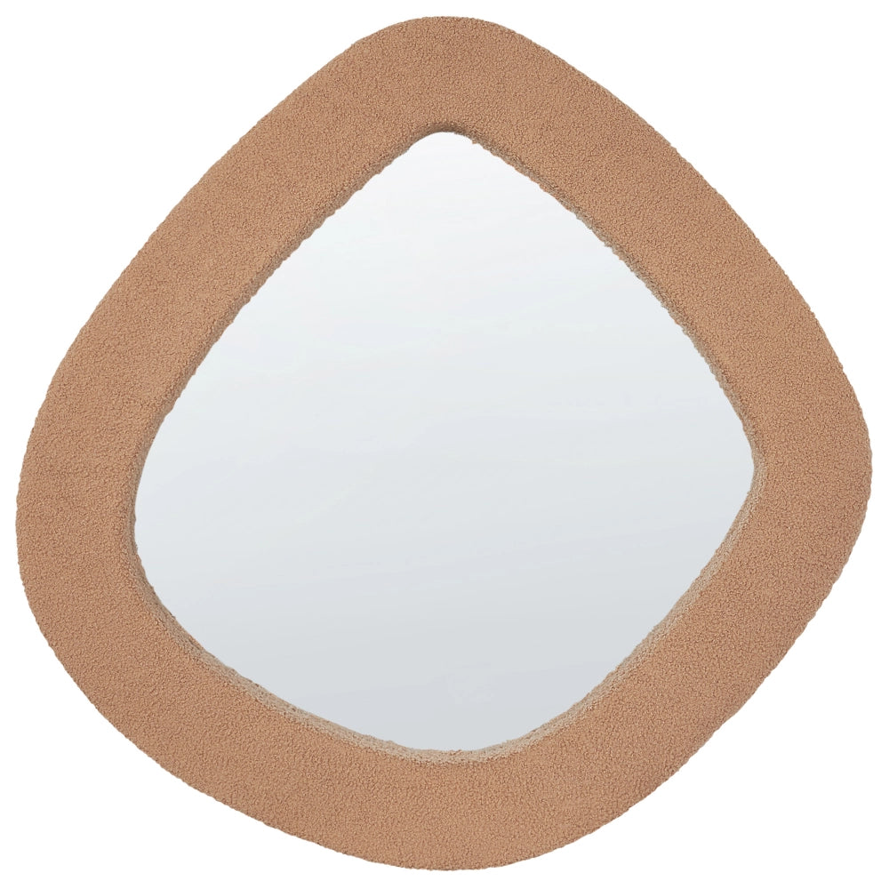 Specchio da parete marrone chiaro con cornice in MDF e vetro rivestito in bouclé 79 x 80 cm, pezzo decorativo irregolare montato a parete, stile moderno