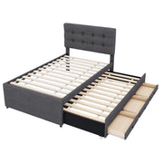 Letto singolo 90×200 cm con letto estraibile; 3 cassetti e testiera regolabile; senza materasso; lino; grigio