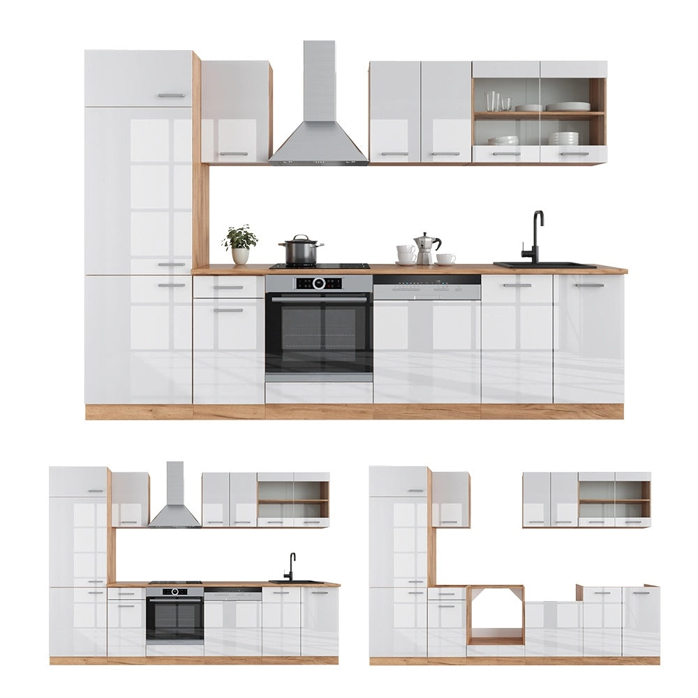 Cucina componibile R-Line Bianco lucido/Rovere dorato 300 cm senza piano di lavoro Vicco