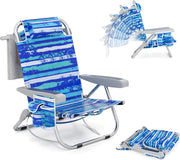 Sedia da Spiaggia Pieghevole, Spiaggina con Schienale Regolabile in 5 Posizioni, Sdraio Mare con Poggiatesta, Lettino Prendisole con Tasca Laterale, Carico 150 kg (Strisce Blu*1)