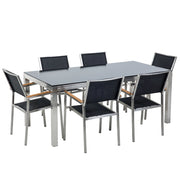 Set da pranzo da giardino Nero con piano in vetro Nero 6 posti 180 x 90 cm