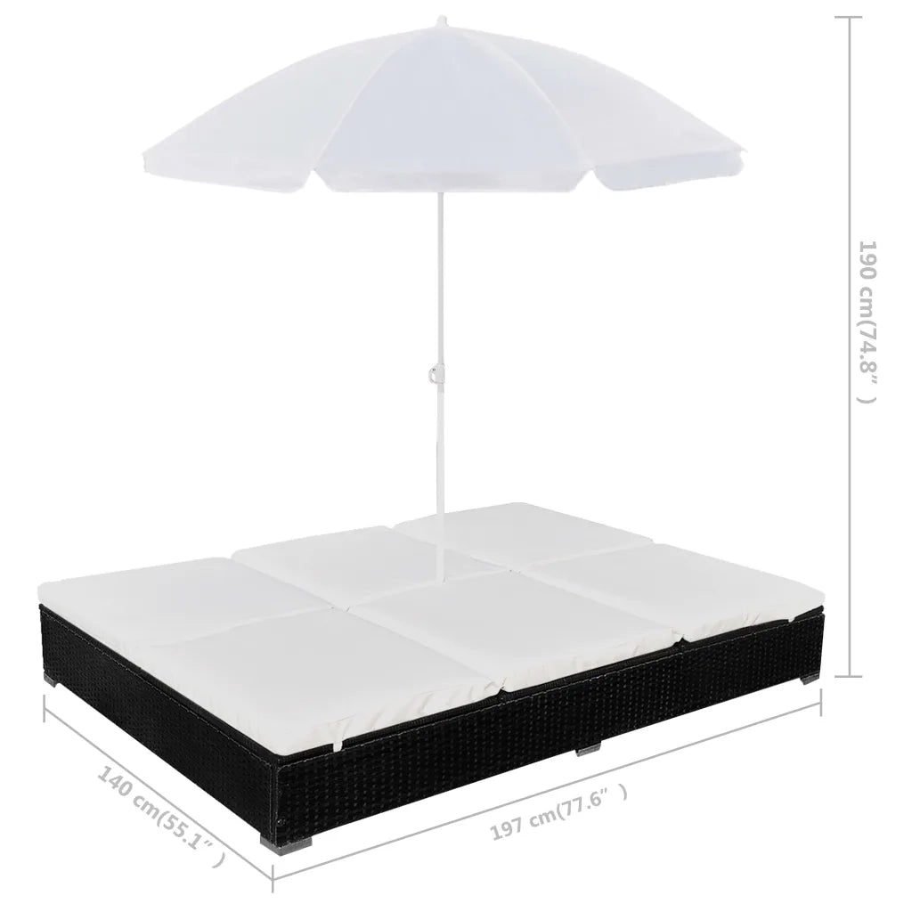 Lettino Prendisole | Sdraio da giardino | Lettino da sole con Ombrellone in Polyrattan Nero