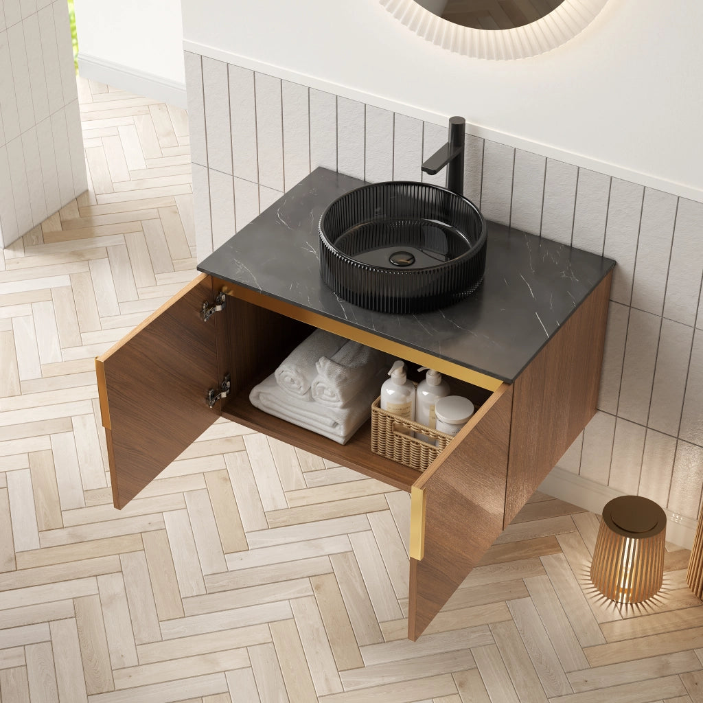 Mobile sottolavabo da bagno con 2 ante, lavabo tondo in vetro nero, piano in pietra sinterizzata, in compensato, nero marrone, 76 × 50 × 52,6 cm