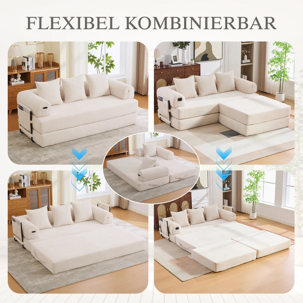 DIVANO modulare in velluto a coste 200x190x67 cm beige con pouf e 3 cuscini