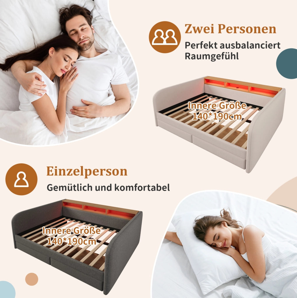 Letto imbottito 140x190 cm con LED, USB-C e 2 cassetti beige