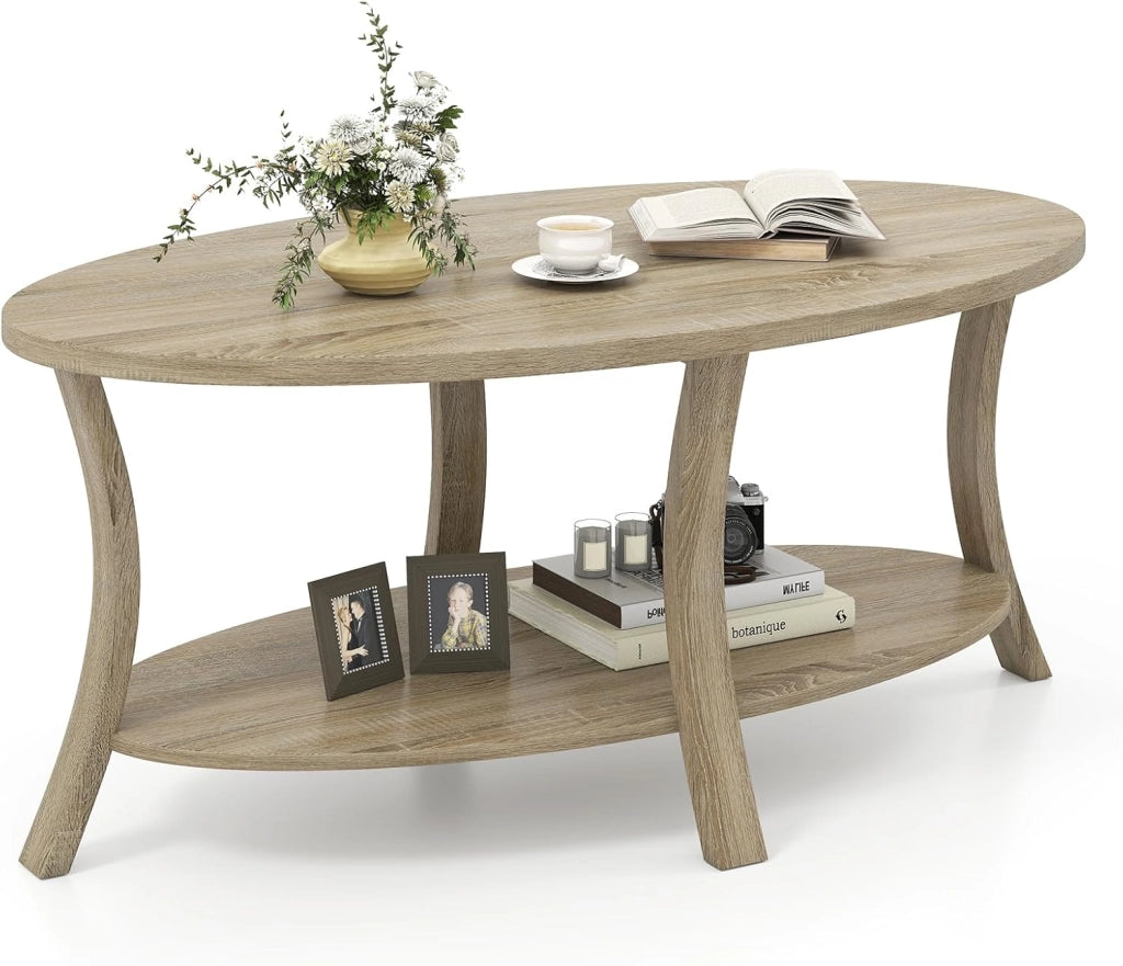 Tavolino da Caffè Ovale a 2 Livelli, Tavolino Basso da Salotto in Legno con Ampio Piano e Ripiano Aperto, Design Rustico per Soggiorno, Ufficio e Studio, 111 x 60,5 x 47 cm (Grigio)
