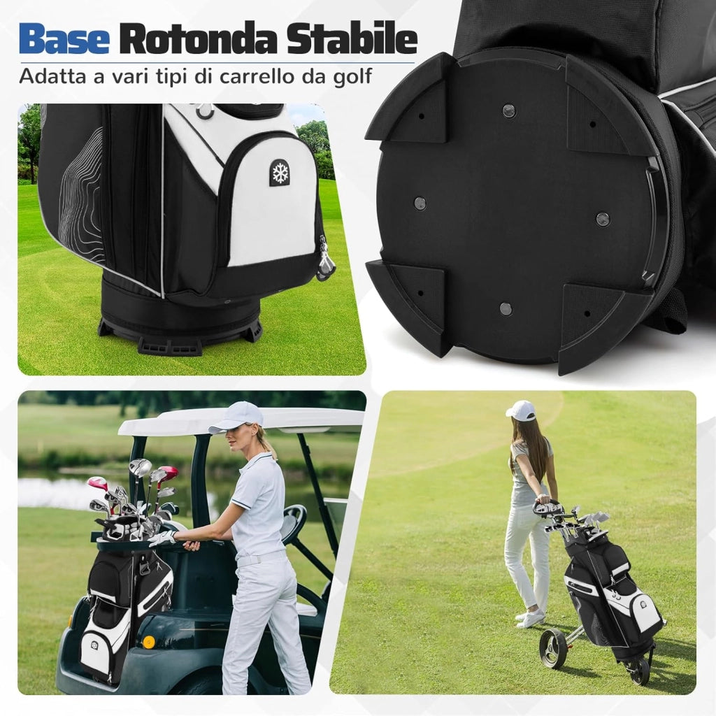 Borsa Carrello da Golf, Sacca da Golf con Serratura e Divisori a 14 Vie, 11 Tasche, Sacca Isolante, Tracolla Imbottita, Maniglie, Porta Ombrello e Cappuccio Antipioggia