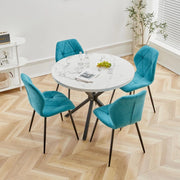 GrandCA HOME Set Tavolo e Sedie da Pranzo, Tavolo da Pranzo Rotondo da 100 CM e 4 Sedie Moderne in Lino, per Sala da Pranzo, Cucina, Soggiorno (Colore Marmo + Blu Lago)