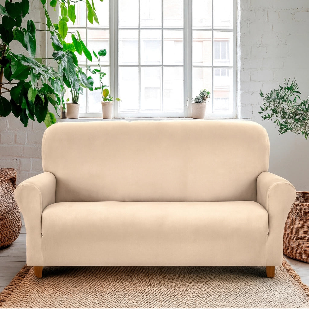 Copridivano In Velluto Elegante Impermeabile Tessuto Elasticizzato Antimacchia Copripoltrona Salva Divano Due Tre Posti Cover Sofà Universale Certificato Oekotex Antigraffio Animali  Crema - Divano 3 posti