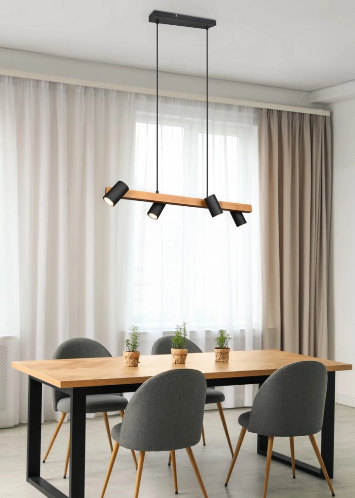Lampadario Marley nero/legno 4 luci GU10 Trio h150cm