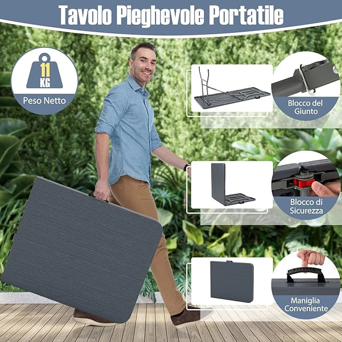 Tavolo Pieghevole Giardino da 180 cm, Tavolo Picnic in HDPE, con Meccanismo di Blocco Sicuro, Tavolo Esterno per per Festa, Picnic, Campeggio, Portata 160 kg