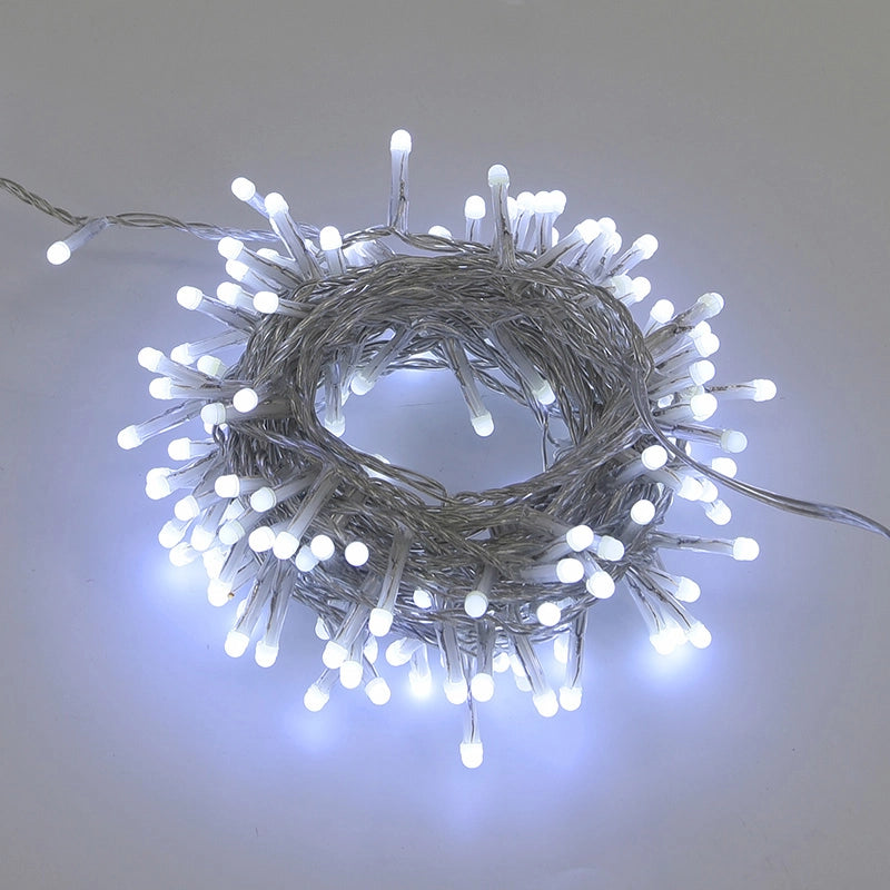 CATENA LUMINOSA DI NATALE A LED DA 300 LUCI BIANCHE FREDDE CAVO TRASPARENTE - TRASFORMATORE A BASSA TENSIONE PER INTERNI ED ESTERNI