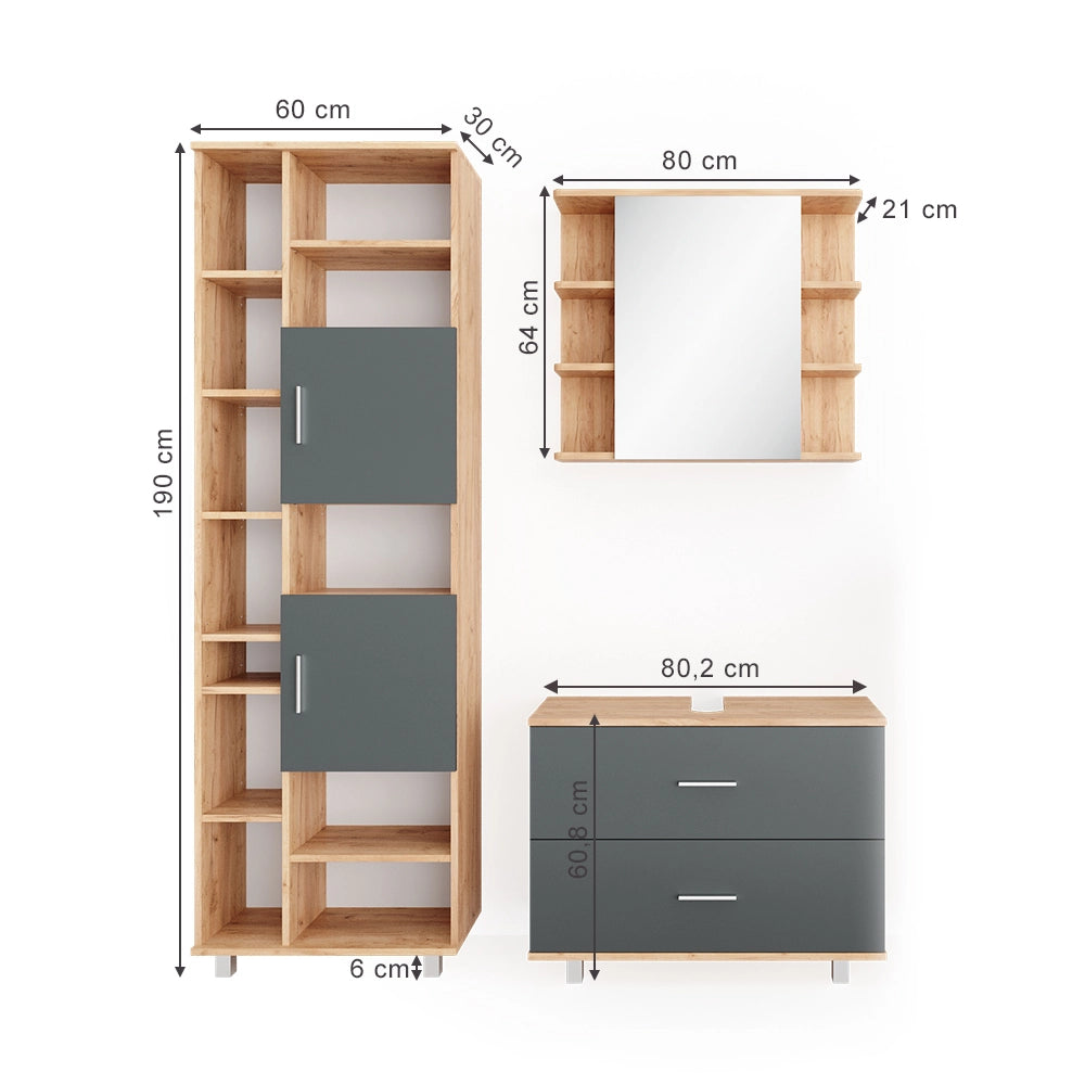 Vicco Set mobili bagno Antracite/quercia dorata 3 parti, con colonna