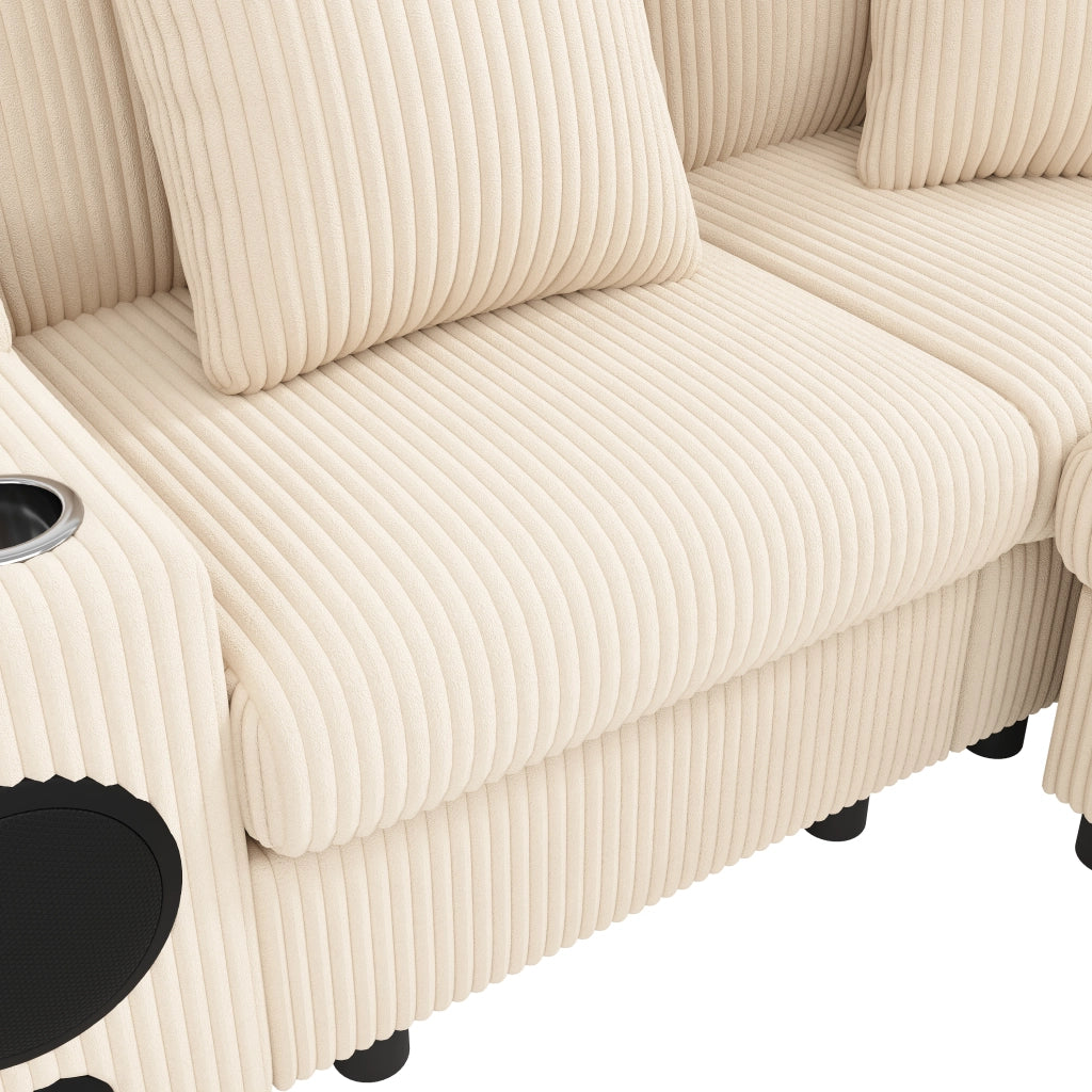 Divano modulare ad angolo con audio Bluetooth, console, ricarica wireless, USB e portabicchieri, Corduroy Beige