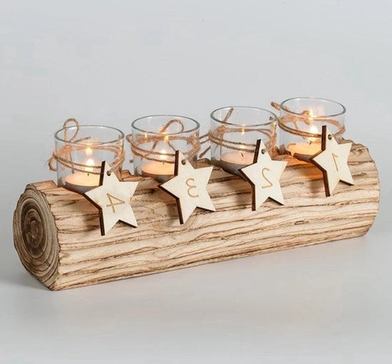Adventskrans in legno con supporto per candela - decorazione moderna per l'Avvento - inclusa 4 stazioni per candele in vetro