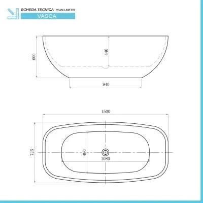 Vasca da bagno freestanding ovale 72,5x150 cm con scarico incluso Giada
