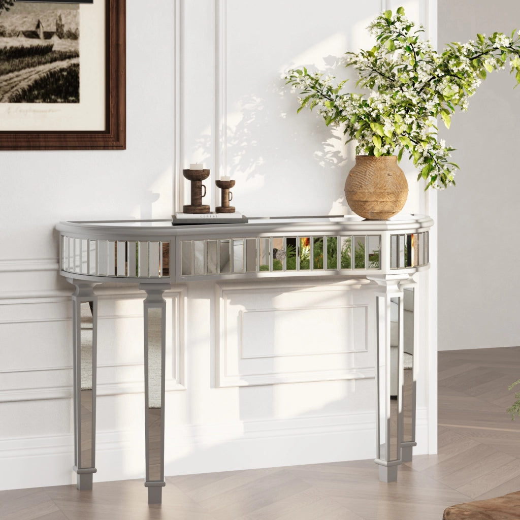 Consolle semicircolare a specchio 120 cm grigio argento