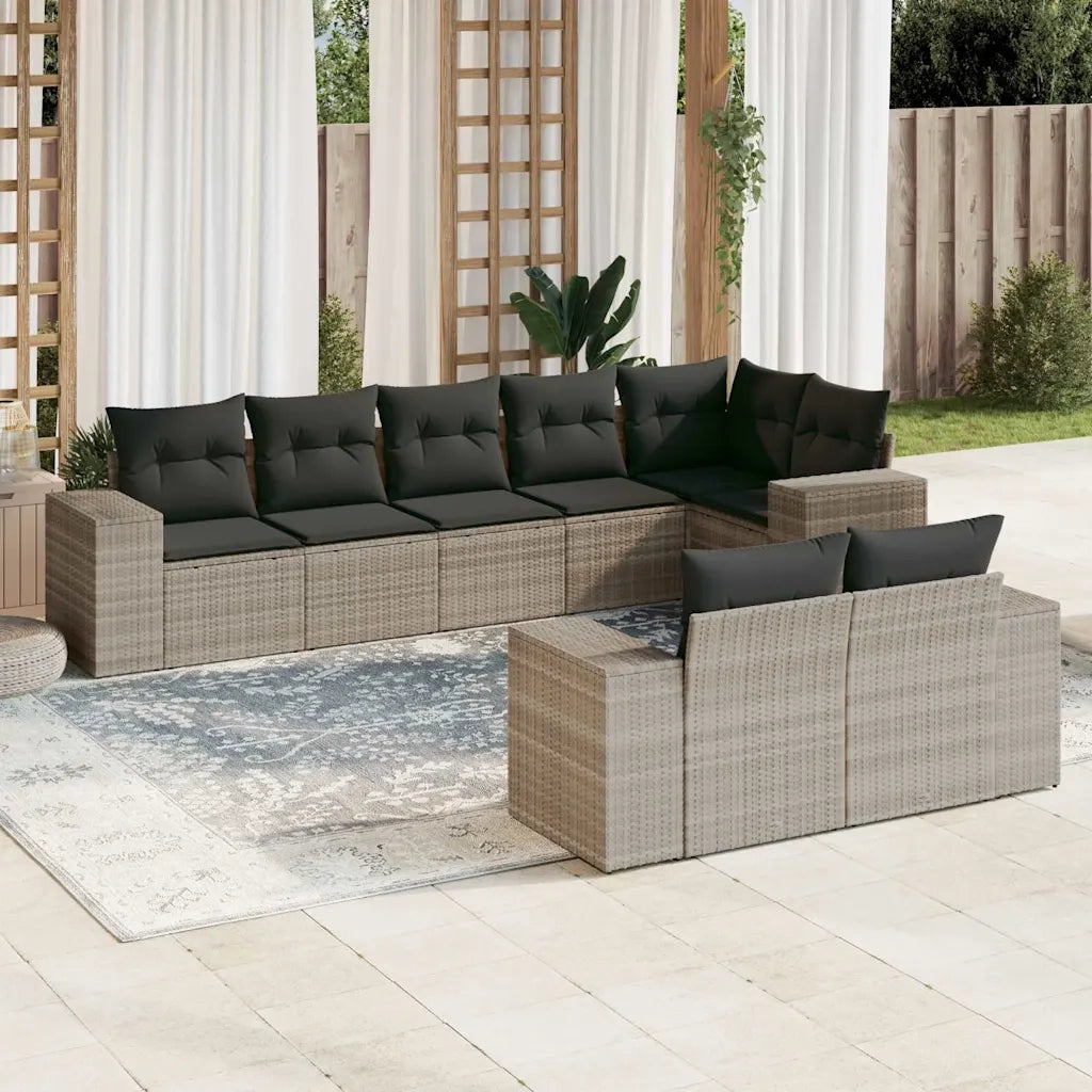 Set Divano da Giardino 8pz con Cuscini Grigio Chiaro Polyrattan