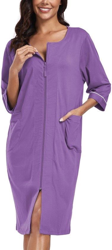 Camicia da notte per donna con cintura, giacca leggera in cotone 100%, camicia da notte con maniche 3/4 e tasche (viola, S)