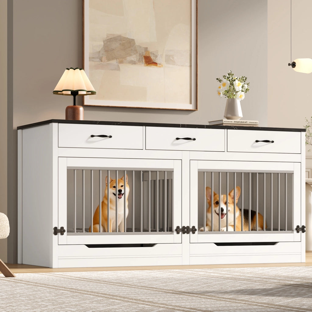 Cuccia per cani in legno e metallo con sportello ribaltabile, divisorio removibile e 3 cassetti, bianco e nero