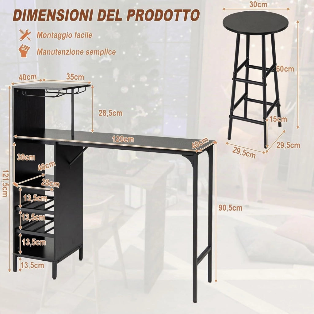 Set 3 Pezzi Tavolo e Sedie da Bar, Tavolo e Sgabelli da Pub Industriale con Porta Calici e 6 Portabottiglie da Vino, Set di Tavolo per Sala da Pranzo, Ristorante e Bar (Nero)